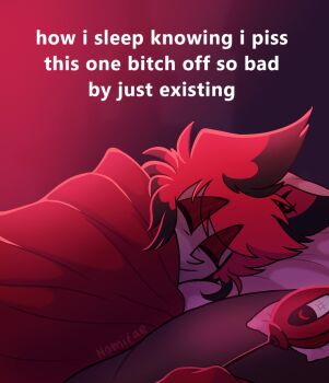 1boy alastor_(hazbin_hotel) animal_ears bed blanket blush closed_eyes commentary deer_boy deer_ears english_commentary english_text hazbin_hotel hellaverse highres lying meme microphone nomi_(artist) on_side red_hair short_hair sleeping smile