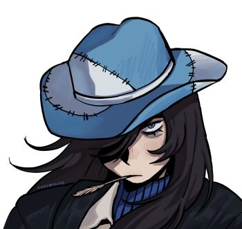 1girl absurdres alternate_costume alternate_universe black_hair black_jacket blue_eyes blue_sweater class_of_09 collared_shirt hair_down hat highres jacket knoxblockz mouth_hold nicole_(class_of_09) patchwork_clothes shirt simple_background sombrero stalk_in_mouth sweater white_background white_shirt