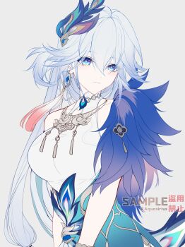 1girl aqueasirius blue_eyes bracelet breasts bright_pupils chinese_clothes earrings fur_trim hair_between_eyes highres honkai:_star_rail honkai_(series) jewelry large_breasts long_hair looking_at_viewer multicolored_eyes necklace peacock_feathers_hair_ornament purple_eyes simple_background single_earring sleeveless tassel two-tone_eyes very_long_hair white_hair white_pupils yao_guang_(honkai:_star_rail)