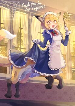 1girl :d animal_ears apron blue_dress borrowed_character bow bowtie breasts centauroid claws clothes_lift commentary_request commission dress dress_lift duster fang floating fox_ears fox_girl fox_tail frilled_apron frills full_body gloves gosu_mei_(sakifox) hair_between_eyes highres holding holding_duster indoors jumping long_dress long_sleeves looking_at_viewer maid maid_apron maid_headdress medium_hair monster_girl monsterification nekotsuki_noko open_mouth orange_eyes orange_hair original puffy_long_sleeves puffy_sleeves red_bow red_bowtie sanpaku shadow sidelocks signature skeb_commission small_breasts smile solo tail taur teeth upper_teeth_only variant_set watermark white_apron white_gloves window