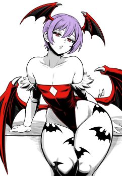 1girl absurdres animal_print arm_support bare_shoulders bat_print bat_wings cleavage_cutout clothing_cutout collarbone commentary darkstalkers detached_sleeves english_commentary feet_out_of_frame flat_chest fur-trimmed_sleeves fur_trim head_wings highres leotard lilith_(darkstalkers) looking_at_viewer lughost pantyhose parted_lips print_pantyhose purple_hair red_eyes red_leotard red_wings short_hair signature sitting solo spot_color strapless strapless_leotard thick_thighs thighs white_background wide_hips wings