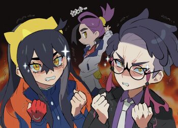 1girl 2boys angry arms_behind_head black-framed_eyewear black_hair black_jacket blue_gakuran blueberry_academy_school_uniform brother_and_sister carmine_(pokemon) clenched_hands clenched_teeth closed_mouth collared_shirt colored_inner_hair commentary_request corbeau_(pokemon) crossed_bangs glasses gloves hair_between_eyes hairband hands_up jacket kieran_(pokemon) long_hair long_sleeves mole mole_on_neck mole_under_eye multicolored_hair multiple_boys necktie nintendo parted_hair picklehaterx_x pokemon pokemon_legends:_z-a pokemon_sv purple_hair purple_shirt red_gloves red_hair red_tank_top related round_eyewear school_uniform shirt short_hair short_sideburns shorts siblings single_glove suit_jacket tank_top teeth undercut updo white_jacket white_necktie white_shorts yellow_bag yellow_eyes yellow_hairband