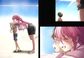 1girl :o age_difference black_skirt blush breasts closed_eyes day from_side full_body happy height_difference highres hug hug_from_behind large_breasts leaning_forward legs long_hair multiple_views open_mouth original outdoors red_hair sequential shota simple_background skirt sky smile standing tayuntayun thighs yellow_eyes