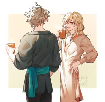 2boys absurdres alhaitham_(genshin_impact) black_pants blonde_hair commentary cup genshin_impact grey_hair grey_shirt hand_on_own_hip highres holding holding_cup kaveh_(genshin_impact) male_focus medium_hair multiple_boys pants red_eyes sash shirt short_hair symbol-only_commentary waruinu watermark