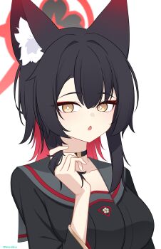 1girl absurdres animal_ears black_choker black_hair black_halo black_kimono blue_archive blush breasts choker commentary_request eyeshadow fox_ears fox_girl hair_between_eyes halo hand_up highres japanese_clothes kimono looking_at_viewer makeup medium_breasts medium_hair multicolored_hair official_alternate_hair_length official_alternate_hairstyle red_eyeshadow red_hair red_halo siranui_desu solo two-tone_hair upper_body wakamo_(blue_archive) yellow_eyes