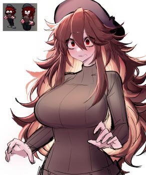 1girl absurdres black_hat blush breasts brown_hair brown_sweater clenched_teeth commentary double-parted_bangs friday_night_funkin&#039; girlfriend_(friday_night_funkin&#039;) hair_between_eyes hat highres huge_breasts long_hair long_sleeves looking_ahead red_eyes reference_inset ribbed_sweater sidelocks simple_background solo sweater symbol-only_commentary teeth turtleneck turtleneck_sweater upper_body usa37107692 white_background wide-eyed