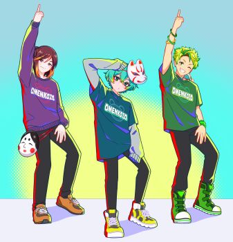 3boys absurdres androgynous anime_coloring ankle_boots aqua_background aqua_hair bandai_namco bear_ornament bishounen black_pants blonde_hair blue_shirt blue_sleeves boots bracelet brown_hair brown_shoes closed_mouth color_coordination colored_bangs colored_eyelashes commentary_request cross-laced_shoes crossed_bangs dancing dot_nose double-parted_bangs english_text facing_viewer fox_mask green_boots green_eyes green_hair green_shirt green_sleeves grey_sleeves hair_between_eyes hair_intakes halftone halftone_background hand_on_own_thigh head_tilt highres humanization hyottoko_mask jewelry kabuki_kid_(hyottoko)_(taiko_no_tatsujin) kabuki_kid_(hyottoko)_(wadiverse)_(taiko_no_tatsujin) kabuki_kid_(kitsune)_(taiko_no_tatsujin) kabuki_kid_(kitsune)_(wadiverse)_(taiko_no_tatsujin) kabuki_kid_(okame)_(taiko_no_tatsujin) kabuki_kid_(okame)_(wadiverse)_(taiko_no_tatsujin) komachi_beni laces layered_sleeves light_blush logo_print long_shirt long_sleeves looking_at_viewer mask mask_around_neck mask_on_head multicolored_hair multiple_boys nagare750 neon_palette official_art okame_(mask) one_eye_closed orange_hair pants pointing pointing_up ponytail print_shirt print_sweater purple_eyes purple_sleeves purple_sweater second-party_source shirt shoes short_over_long_sleeves short_sleeves sidelocks simple_background sleeve_cuffs sleeves_past_fingers sleeves_past_wrists smile sneakers spiked_hair streaked_hair sweater t-shirt taiko_no_tatsujin text_print tsurime two-tone_hair unworn_mask velcro velcro_footwear white_mask wristband yellow_shoes