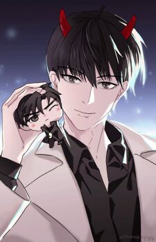 2boys black_eyes black_hair black_shirt coat collared_shirt demon_horns gryregeneration hair_between_eyes hand_on_another&#039;s_head head_tilt holding holding_mini_person horns kim_dokja male_focus mini_person miniboy multiple_boys omniscient_reader&#039;s_viewpoint open_clothes open_coat shirt short_hair sidelighting smile solo upper_body white_coat yoo_joonghyuk