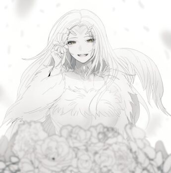 Rule 34 | 1girl, blurry, blurry foreground, collarbone, commentary request, dark souls (series), dark souls i, dragon girl, flower, korean commentary, long hair, open mouth, priscilla the crossbreed, simple background, smile, solo, teeth, upper body, upper teeth only, white background, white flower, white hair, xxq 002, yellow eyes