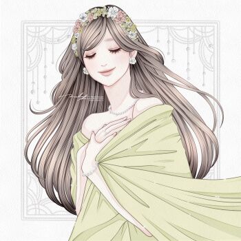 1girl absurdres artist_name bracelet brown_hair closed_eyes earrings facing_viewer flower_earrings hand_up head_wreath highres jewelry long_hair naho_graphics necklace original pearl_necklace ring watermark web_address
