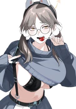 1girl animal_ears bikini black_bikini blue_archive blue_skirt blue_sweater blush breasts brown_hair candy cleavage clothes_lift fake_animal_ears food glasses hair_ornament halo highres holding holding_candy holding_food holding_lollipop kawatiw large_breasts lifting_own_clothes lollipop looking_at_viewer low_twintails midriff moe_(blue_archive) orange_eyes pom_pom_(clothes) pom_pom_hair_ornament rabbit_ears round_eyewear simple_background skirt solo suspender_skirt suspenders sweater sweater_lift swimsuit twintails white_background