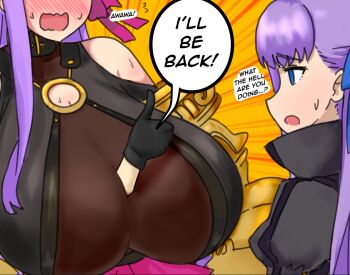 1other 2girls arm_between_breasts between_breasts black_gloves blue_eyes blush breasts commentary english_commentary english_text fate/grand_order fate_(series) flying_sweatdrops gigantic_breasts gloves hair_ribbon impossible_clothes long_hair meltryllis_(fate) multiple_girls parody passionlip_(fate) pink_skirt purple_hair raskasar ribbon see-through_cleavage see-through_clothes single_sidelock skirt sweat terminator_(series) terminator_2:_judgment_day thumbs_up wavy_mouth