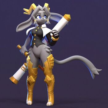 1girl 3d animal_ears arm_up armored_boots armored_legwear black_shirt blue_eyes boots bottomless breasts clenched_hand fingerless_gloves gloves gradient_background grey_fur grey_hair holding holding_weapon hooves horns knee_pads large_breasts lemurfeature long_sleeves long_tail looking_at_another looking_to_the_side looking_up pseudoregalia purple_background rabbit_ears shirt short_hair sidelocks simple_background sleeveless sybil_(pseudoregalia) tail thick_eyebrows very_long_ears weapon wide_hips