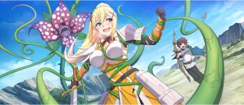 1boy 1girl armor arrow_(projectile) between_breasts black_gloves black_pants blonde_hair blue_eyes blue_sky blush bow_(weapon) braid breastplate breasts breath brown_hair cape clenched_hand cloud crown_braid darkness_(konosuba) day drawing_bow dutch_angle game_cg gloves green_cape high_ponytail highres holding holding_bow_(weapon) holding_sword holding_weapon kono_subarashii_sekai_ni_shukufuku_wo! konosuba!_fantastic_days large_breasts long_hair masochism official_art open_mouth outdoors pants plant plant_monster ponytail restrained satou_kazuma sharp_teeth shirt shoulder_armor sky small_sweatdrop smile suggestive_fluid sword teeth third-party_source torn_clothes vines weapon white_shirt