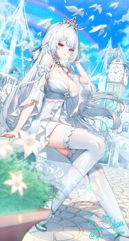 1girl armpit_crease bare_shoulders bird blue_sky breasts cleavage clock clock_tower collarbone crown detached_sleeves dove dress fountain hand_in_own_hair heterochromia highres kiramarukou large_breasts long_hair looking_at_viewer original purple_eyes red_eyes sitting sky smile solo swept_bangs thighhighs tower white_dress white_hair white_thighhighs