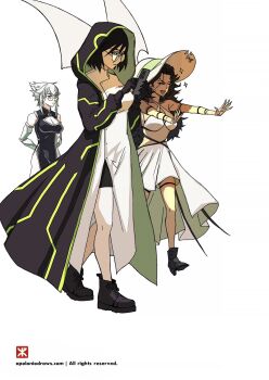 3girls apoloniodraws arms_behind_back ben_10 black_hair black_shoes diamondhead genderswap genderswap_(mtf) glasses hat highres holding holding_phone lab_coat long_hair multiple_girls phone shoes short_hair side_slit stinkfly sun_hat upgrade_(ben_10) waving white_hair wings