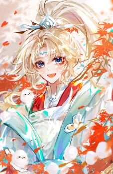 1boy :d absurdres animal animal_on_shoulder aqua_coat autumn_leaves bird bird_on_shoulder blonde_hair blue_eyes blue_headband chinese_clothes chinese_commentary coat curtained_hair eyeliner falling_leaves hanfu headband high_ponytail highres hua_wuhui hua_yi_shanxin_zhiyue leaf long_hair looking_at_viewer luludeer386 makeup male_focus maple_leaf open_mouth parted_bangs ponytail red_eyeliner shirt single_off_shoulder smile solo tit_(bird) upper_body white_hanfu white_shirt xiao_guan_(headdress) yuanlingpao