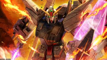 absurdres arm_cannon battle beam_shield burning copyright_notice debris earth_federation earth_federation_space_forces energy_sword explosion f90y_cluster_gundam fire gundam gundam_battle_operation_2 gundam_silhouette_formula_91 highres looking_at_viewer mecha mecha_focus mobile_suit no_humans painting_(medium) realistic robot roundel scan science_fiction sunrise_(company) sword tenjin_hidetaka traditional_media v-fin weapon