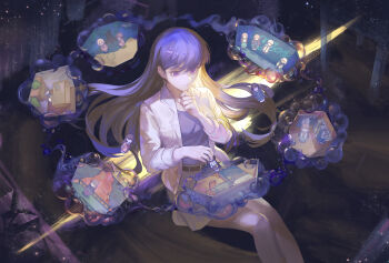 Rule 34 | 1girl, absurdres, bang dream!, bang dream! it's mygo!!!!!, black hair, black shirt, chihaya anon, closed mouth, commentary, commission, dated, earrings, floating hair, grey skirt, hanasakigawa school uniform, haneoka school uniform, highres, jacket, jewelry, kaname raana, long hair, misumi uika, mole, mole under eye, mygo!!!!! (bang dream!), mygo!!!!! logo (bang dream!), nagasaki soyo, open clothes, open jacket, purple eyes, school uniform, second-party source, shiina taki, shirt, skirt, takamatsu tomori, textless version, wb yimo, white jacket