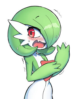 1girl averting_eyes blush bob_cut colored_skin embarrassed fang female_focus flat_chest gardevoir gen_3_pokemon green_hair green_skin hair_over_one_eye hands_up highres looking_afar looking_to_the_side multicolored_skin nervous nervous_sweating nintendo nose_blush one_eye_covered open_mouth pokemon pokemon_(creature) raised_eyebrows red_eyes sara_(sublender1234) short_hair sideways_glance simple_background skin_fang solo standing sweat trembling two-tone_skin upper_body white_background white_skin