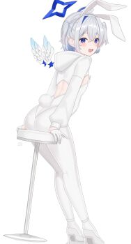1girl amane_kanata angel_wings animal_ears ass blue_eyes blue_hair blue_halo colored_inner_hair commentary_request cropped_hoodie detached_wings fake_animal_ears fake_tail feathered_wings from_behind full_body gloves hair_intakes hairband halo high_heels highres hololive hood hood_down hoodie leotard looking_to_the_side multicolored_hair open_mouth pantyhose rabbit_ears rabbit_tail shoes short_hair sidelocks sitting smile solo star_halo tail tojo_aoi two_side_up virtual_youtuber white_background white_gloves white_hair white_hairband white_leotard white_pantyhose white_shoes wings
