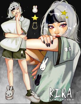 1girl absurdres animal_print animal_slippers arm_up artist_name asian black_background black_nails black_streaks bob_cut character_name chibi chibi_inset closed_eyes collared_shirt elbow_on_arm fingernails fog from_side full_body gradient_background green_shorts green_socks green_trim hair_ornament hand_on_own_arm highres hugging_object kira_(zeebythesea) light_particles long_fingernails looking_ahead mask mask_on_head mole mole_under_each_eye mole_under_eye multiple_moles nail_polish original pillow pillow_hug rabbit_print red_eyes shirt shorts single_hair_streak sleep_mask slippers socks star_(symbol) star_hair_ornament t-shirt thick_eyebrows thick_lips upper_body white_hair white_shirt white_slippers white_trim zeebythesea