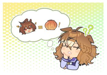 Rule 34 | !, 2girls, = =, ?, ??, agnes tachyon (umamusume), ahoge, animal ears, bow, bowtie, braid, brown hair, chemical structure, closed eyes, commentary, equal sign, hair between eyes, hair ornament, hairclip, half up braid, half up half down braid, highres, horse ears, horse girl, jewelry, jungle pocket (umamusume), long sleeves, medium hair, multiple girls, murabt075, notched ear, purple sailor collar, purple shirt, red eyes, sailor collar, sailor shirt, school uniform, shirt, speech bubble, thought bubble, tracen school uniform, umamusume, white bow, white bowtie