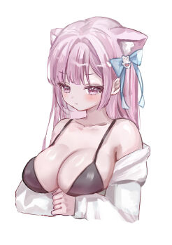 1girl animal_ears arm_under_breasts bare_shoulders bikini black_bikini blue_bow blush bow breasts cat_ears cat_girl cleavage closed_mouth collarbone commentary ghost_hair_ornament hair_bow highres indie_virtual_youtuber large_breasts long_hair pink_eyes pink_hair shiny_skin shirt short_sleeves simple_background solo swimsuit symbol-only_commentary teruteruteru190 virtual_youtuber white_background white_shirt yuuki_sakuna