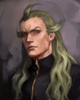 1boy ahoge black_jacket closed_mouth ghetsis_(pokemon) green_hair grey_background highres jacket long_hair looking_at_viewer male_focus nintendo omurizer pokemon pokemon_bw2 red_eyes scar scar_across_eye scar_on_face signature solo upper_body zipper_pull_tab