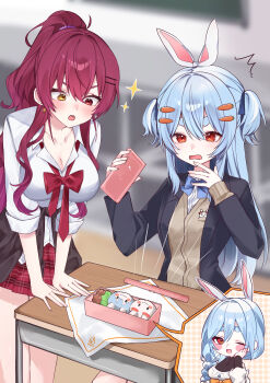 Rule 34 | 3girls, :o, ^^^, absurdres, animal ears, bento, black jacket, blazer, blue bow, blue bowtie, blue hair, blurry, blurry background, blush, blush stickers, bow, bowtie, breasts, cardigan, carrot hair ornament, cleavage, commentary request, desk, food, food-themed hair ornament, hair ornament, hand on own cheek, hand on own face, heterochromia, highres, hololive, houshou marine, jacket, large breasts, long hair, multiple girls, one eye closed, open clothes, open jacket, pekomama, pekomama (1st costume), pekomon (usada pekora), plaid clothes, plaid skirt, pleated skirt, ponytail, rabbit ears, rabbit girl, red bow, red bowtie, red eyes, red hair, red skirt, saka x x, school desk, school uniform, shirt, skirt, sleeves rolled up, sparkle, thick eyebrows, two side up, usada pekora, virtual youtuber, white shirt, yellow eyes