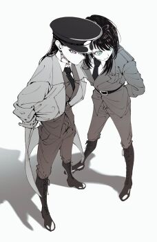 2girls arms_behind_back bang_dream! bang_dream!_it&#039;s_mygo!!!!! belt blue_eyes boots coat doki_(oox3o) greyscale hat highres jacket knee_boots medium_hair military_uniform monochrome multiple_girls necktie open_mouth pants purple_eyes shiina_taki simple_background spot_color white_background yahata_umiri