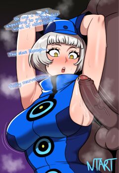 1boy 1girl armpit_sex arms_up artist_name blue_dress blue_gloves blue_hat blunt_bangs blush breasts clothed_female_nude_male commentary commission dark_skin dress elizabeth_(persona) english_commentary english_text field_cap gloves grey_hair hat hetero highres impossible_clothes impossible_dress interracial large_breasts large_penis looking_at_penis motion_lines naughty_taboos nude open_mouth penis penis_awe persona persona_3 purple_background short_hair sideboob sleeveless sleeveless_dress speed_lines sweat sweatdrop testicles uncensored upper_body veins veiny_penis very_dark_skin yellow_eyes