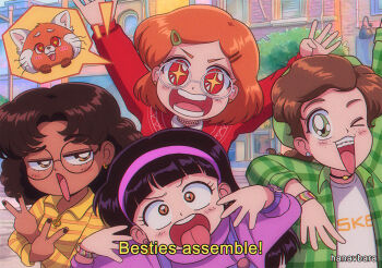 +_+ 1990s_(style) 4girls abby_(turning_red) animification black_hair black_nails braces commentary dark-skinned_female dark_skin earrings english_commentary fake_screenshot glasses green_eyes hanavbara itou_ikuko_(style) jewelry meilin_lee meilin_lee_(red_panda) miriam_(turning_red) multiple_girls overalls parody priya_(turning_red) purple_overalls red_eyes red_hair red_panda retro_artstyle style_parody subtitled tongue tongue_out turning_red v