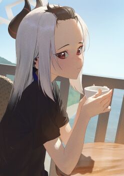 1girl absurdres bangs_pinned_back black_hair black_shirt blue_archive commentary cup dated_commentary demon_girl demon_horns drinking_glass ear_piercing forehead from_side grey_hair hair_down highres holding holding_cup horns kayoko_(blue_archive) long_hair looking_at_viewer piercing rifu002 shirt short_sleeves solo t-shirt