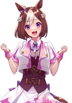 Rule 34 | 1girl, akatsuki (kuon), animal ears, blush, bow, braid, breasts, brown hair, collared shirt, commentary request, cropped jacket, ear bow, half up braid, horse ears, horse girl, horse tail, jacket, looking at viewer, multicolored hair, open mouth, purple bow, purple eyes, purple ribbon, purple vest, ribbon, shirt, short hair, short sleeves, simple background, skirt, smile, special week (special dreamer) (umamusume), special week (umamusume), tail, two-tone hair, umamusume, vest, white background, white hair, white jacket, white shirt, white skirt, wristband