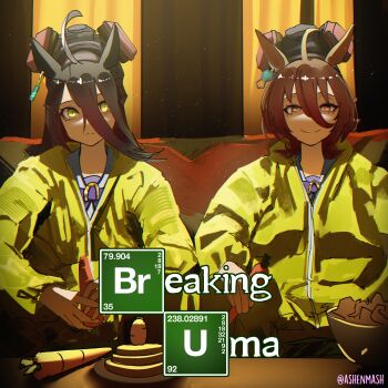 2girls absurdres agnes_tachyon_(umamusume) ahoge animal_ears artist_name ashenmash black_hair breaking_bad brown_hair carrot chemical_structure cosplay earrings gas_mask hair_between_eyes hazmat_suit highres horse_ears horse_girl horseshoe_ornament jesse_pinkman jesse_pinkman_(cosplay) jewelry long_hair long_sleeves looking_at_viewer manhattan_cafe_(umamusume) mask meme multiple_girls purple_serafuku purple_shirt respirator school_uniform serafuku shirt single_earring smile tracen_school_uniform umamusume unworn_mask walter_white walter_white_(cosplay) yellow_eyes