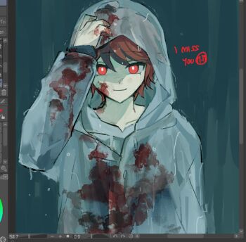 1boy ahoge art_program_in_frame black_hair blood blood_on_clothes blood_on_face blood_on_neck bright_pupils closed_mouth collarbone commentary english_commentary english_text grey_jacket hand_on_own_head hood hood_up jacket long_sleeves looking_at_viewer male_focus multicolored_hair official_alternate_eye_color outdoors rain raincoat red_eyes red_hair serat00s short_hair smile solo spoilers streaked_hair sumino_takumi the_hundred_line_-last_defense_academy- two-tone_hair upper_body wet white_pupils