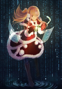 10s 1girl asuna_(sao) boots brown_eyes brown_hair christmas dress earmuffs female_focus floating_screen gloves highres long_hair pantyhose red_gloves santa_costume smile solo sword_art_online tienao