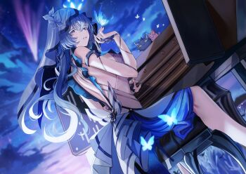 1girl aemeath_(wuthering_waves) animalization armlet bare_shoulders blue_dress blue_hair blue_veil breasts bug butterfly butterfly_on_hand colored_eyelashes commentary dress grand_piano hand_up highres insect instrument jewelry long_hair looking_at_viewer looking_to_the_side male_rover_(wuthering_waves) medium_breasts nicky_w parted_lips piano purple_eyes rover_(wuthering_waves) shorekeeper_(wuthering_waves) sitting sleeveless sleeveless_dress solo turning_head two-tone_veil veil white_veil wuthering_waves
