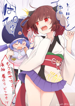 2girls blue_hair brown_hair closed_eyes hat highres japanese_clothes kimono long_hair medium_hair multiple_girls obi open_mouth otomachi_una pantyhose red_eyes sash sechin sleeveless sneezing talkex touhoku_kiritan translated twintails voiceroid white_kimono