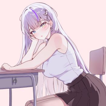 Rule 34 | 1girl, absurdres, bare arms, bare shoulders, black choker, black skirt, blue eyes, blunt bangs, blush, breasts, brown pantyhose, brown skirt, chair, choker, commentary, desk, earrings, from side, grey hair, hair ornament, hairclip, hand on own cheek, hand on own face, head rest, heart, heart earrings, heterochromia, highres, indie virtual youtuber, jewelry, korean commentary, large breasts, leaning forward, long hair, looking at viewer, miniskirt, multicolored eyes, multicolored hair, nanamoon777, on chair, pantyhose, parted lips, pink background, pleated skirt, purple hair, rapid17, school chair, school desk, shirt, shirt tucked in, simple background, sitting, skirt, sleeveless, sleeveless shirt, solo, streaked hair, very long hair, virtual youtuber, white shirt, yellow eyes