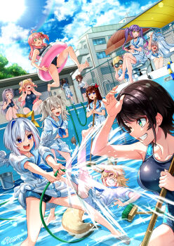 6+girls ahoge amane_kanata angel angel_wings animal_ear_fluff animal_ear_piercing animal_ears aqua_sailor_collar arched_bangs barefoot belt bibi_(tokoyami_towa) binoculars black_hair black_skirt blonde_hair blue_eyes blue_hair braid breasts broom brown_hair bucket buru-dai cleaning_pool cloud collarbone commentary_request crossed_legs day dog_ears dog_girl dog_tail double_bun empty_pool fallen_down feathered_wings flower fox_ears fox_girl green_eyes grey_hair hair_bun hair_flaps hair_flower hair_ornament halo highres holding holding_binoculars holding_hose holding_unworn_clothes holohoneygaoka_high_school_uniform holohoneygaoka_koukou hololive horns hose innertube inugami_korone jumping laughing lion_ears lion_girl lion_tail long_hair medium_hair momosuzu_nene multicolored_hair multiple_girls murasaki_shion natsuiro_matsuri official_alternate_costume omaru_polka one-piece_swimsuit one_side_up oozora_subaru outdoors pencil_skirt pink_hair pleated_skirt pool puffy_short_sleeves puffy_sleeves purple_eyes purple_hair sailor_collar school school_swimsuit school_uniform serafuku sheep_girl sheep_horns shirogane_noel shirt shishiro_botan short_hair short_sleeves sidelocks single_hair_intake sitting skirt sleeves_rolled_up smile splashing squatting standing star_(symbol) star_hair_ornament star_halo streaked_hair swept_bangs swim_ring swimsuit tail tied_skirt tokino_sora tokoyami_towa tsunomaki_watame twin_braids twintails two_side_up virtual_youtuber wading white_belt white_serafuku white_shirt wings