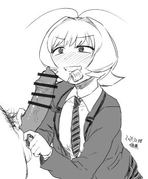 1other androgynous antenna_hair bar_censor blush breasts censored condom condom_on_penis condom_wrapper erection highres komi-san_wa_komyushou_desu large_penis male_pubic_hair necktie osana_najimi_(komi-san_wa_komyushou_desu) other_focus penis penis_awe pubic_hair short_hair small_breasts testicles trap tsukudani_(coke-buta) veins veiny_penis