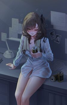 1girl blush brown_hair can commentary desk_lamp dress_shirt english_commentary g11_(girls&#039;_frontline) girls&#039;_frontline girls&#039;_frontline_2:_exilium heavy_breathing highres hk416_(girls&#039;_frontline) holding holding_can klukai_(girls&#039;_frontline_2) lamp lenna_(girls&#039;_frontline_2) leva_(girls&#039;_frontline_2) looking_at_viewer mechty_(girls&#039;_frontline_2) naked_shirt no_panties on_table one_eye_closed one_side_up parted_lips partially_unbuttoned photo_(object) revok scar scar_across_eye scar_on_face shirt sitting smile solo sweat table towel towel_around_neck ump45_(girls&#039;_frontline) ump9_(girls&#039;_frontline) white_shirt