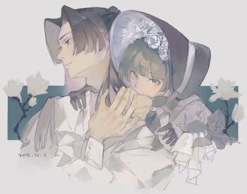 Rule 34 | 1boy, 1girl, beads, biting, black bonnet, blue eyes, blunt bangs, bonnet, couple, dated, freckles, hair bun, half updo, hand on another's neck, hetero, highres, jinshi (kusuriya no hitorigoto), kusuriya no hitorigoto, long hair, looking at viewer, maomao (kusuriya no hitorigoto), neck biting, olintsu7382, parted bangs, parted lips, shirt, sidelocks, upper body, white shirt