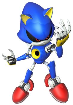 1boy 3d absurdres animal_ears black_sclera blue_skin colored_sclera colored_skin full_body furry furry_male grey_skin hand_up highres humanoid_robot looking_afar male_focus metal_sonic multicolored_skin no_mouth official_art pixel_eyes red_eyes red_shoes robot shoes simple_background solo sonic_(series) third-party_source transparent_background two-tone_skin