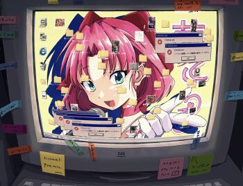 1girl amamoto_air aqua_eyes bow choker collarbone commentary computer_keyboard crt desktop_(computing) error_message frills gloves hair_bow highres holding holding_microphone icon_(computing) idol internet_explorer looking_at_viewer microphone microsoft_windows monitor open_mouth original pink_choker pointing pointing_at_viewer red_bow solo sticker white_gloves window_(computing) windows_2000 windows_classic