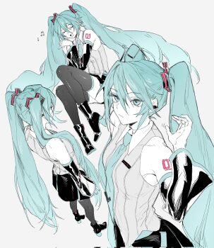 Rule 34 | 1girl, aqua eyes, aqua hair, aqua necktie, bare shoulders, black skirt, boots, commentary, detached sleeves, grey background, hair between eyes, hatsune miku, hatsune miku (vocaloid6), high heel boots, high heels, highres, jiuhez, long hair, multiple views, necktie, sidelocks, simple background, skirt, solo, solo focus, twintails, vocaloid