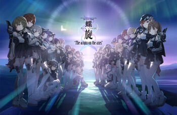 6+girls aketa_mikoto ankle_boots arisugawa_natsuha asakura_toru black_gloves black_hair blonde_hair boots brown_eyes brown_hair fingerless_gloves fukumaru_koito gloves green_hair grey_hair hachimiya_meguru hat highres higuchi_madoka hood ichikawa_hinana idolmaster idolmaster_shiny_colors ikaruga_luca ikuta_haruki izumi_mei kazano_hiori key_visual komiya_kaho kuwayama_chiyuki long_hair long_sleeves looking_at_viewer mayuzumi_fuyuko mitsumine_yuika morino_rinze mountainous_horizon multiple_girls nanakusa_nichika official_art osaki_amana osaki_tenka platform_shoes promotional_art purple_eyes purple_hair rain ruins saijo_juri sakuragi_mano see-through_clothes see-through_sleeves serizawa_asahi shirase_sakuya short_hair shorts single_thighhigh sitting sonoda_chiyoko squatting suzuki_hana tanaka_mamimi thigh_strap thighhighs tsukioka_kogane white_shorts yukoku_kiriko