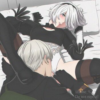 1boy 1girl 2b_(nier:automata) 9s_(nier:automata) adversarial_noise black_boots black_gloves black_hairband black_thighhighs boots clothing_aside commentary cunnilingus gloves hairband hetero highres indoors juliet_sleeves leotard leotard_aside long_sleeves mole mole_under_mouth nier:automata nier_(series) no_blindfold on_bed oral puffy_sleeves shirl_geem short_hair thigh_boots thighhighs thighhighs_under_boots thong_leotard twitter_username white_hair white_leotard